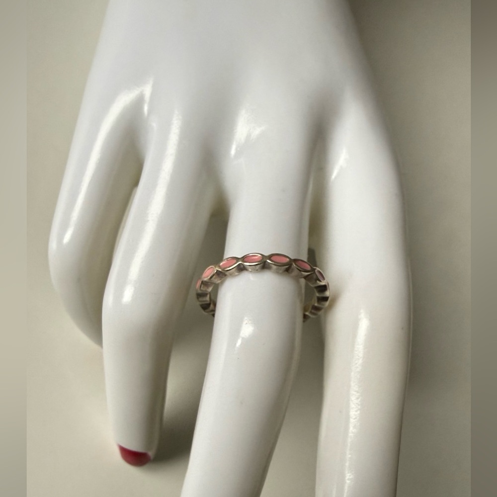 Stamped 925 Sterling Silver Pandora Ring with Pink Inlay
